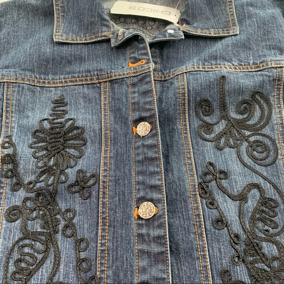 Passementerie front and back. Chico’s size 2 (large) denim jacket, black details - Picture 10 of 15